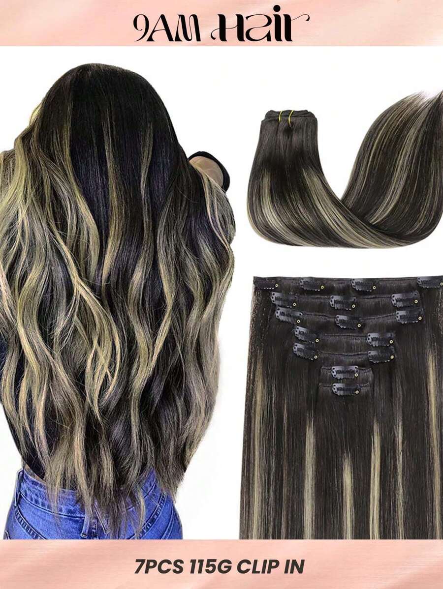 7PCS Straight Clip In Hair Extensions 100% Real Human Hair 14-24 Inch 115G Double Weft Invisible Clip Hair Extensions Remy Natural Human Hair For Women Girls Daily Use - S1B/19/1B - View 1