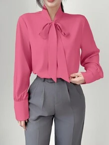 SHEIN LUNE Blusa elegante de manga larga con cuello de corbata de unicolor para mujer - Rosa Fucsia - Ver 6