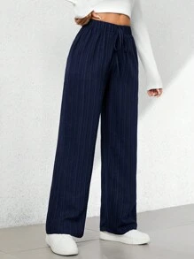 SHEIN Tall 女士纯色抽绳腰休闲百搭日常裤 - 藏蓝色 - 查看 6
