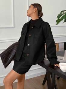 Siren Gaze 2pcs Set - Women Plain Button Front Long Sleeve Top And Mini Skirt Winter Black Casual Spring - Black - View 3