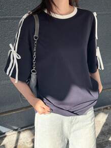FRIFUL Women's Black Loose T-Shirt With Contrast Bow Tied Collar, Sweet Style, Summer