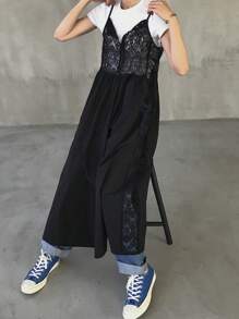 FRIFUL 女式宽松长款蕾丝拼接吊带裙，中长款太阳裙 - 黑色 - 查看 2