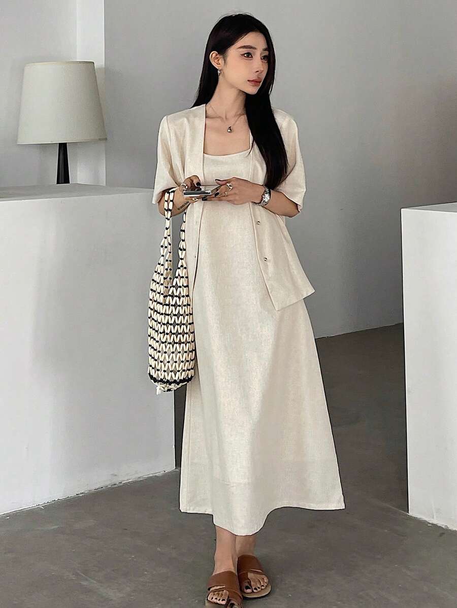 DAZY 2 件套女士纯色亚麻短袖衬衫裙套装 - 杏色 - 查看 1