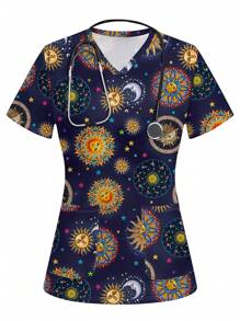 PopScrub Women Stars, Moon, Sun Pattern /Nursing Scrub Uniform Top - White - View 1