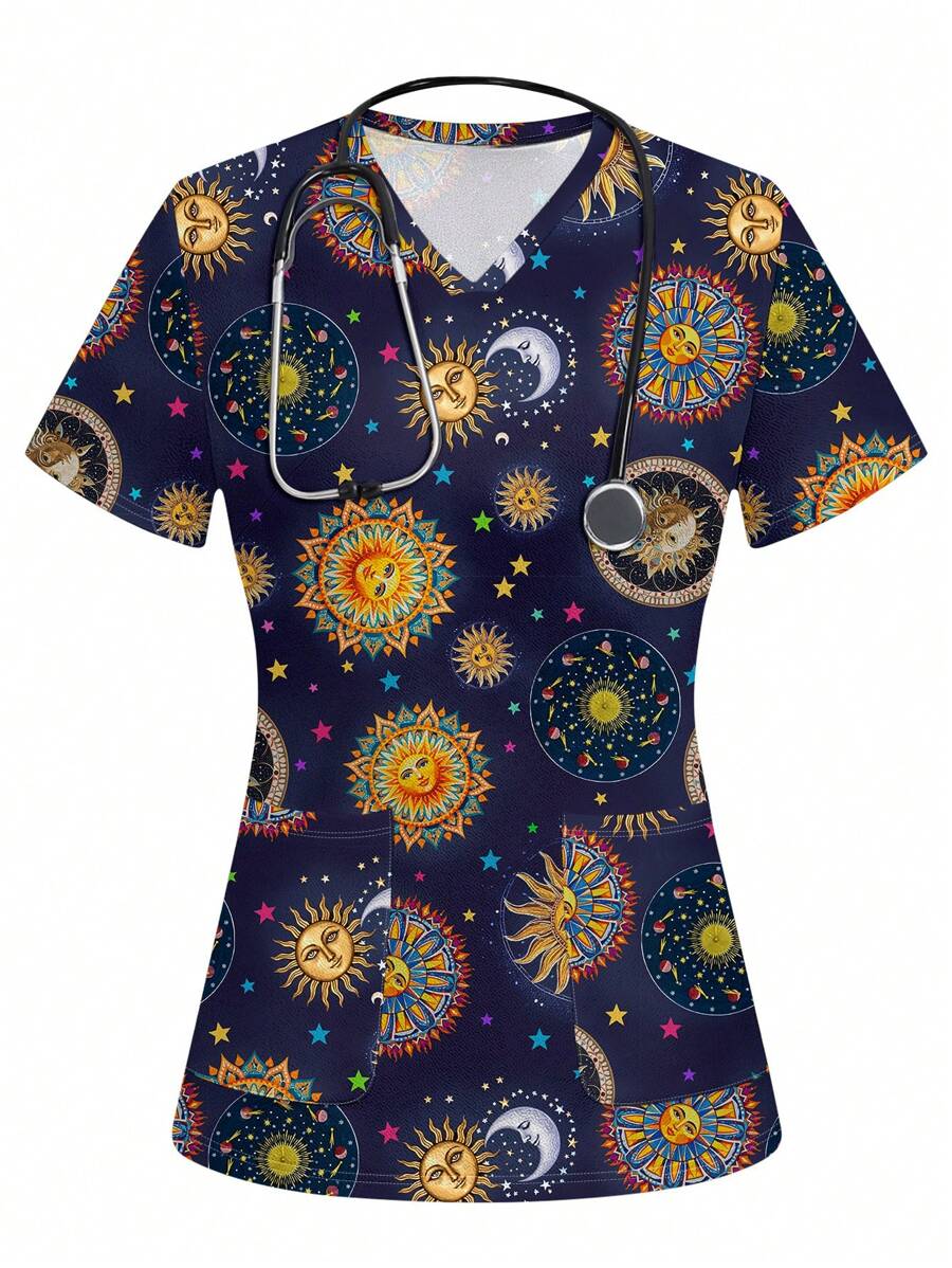 PopScrub Women Stars, Moon, Sun Pattern /Nursing Scrub Uniform Top - White - View 1