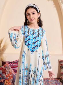 Tween Girl Floral Print Dress & Outfit Sets, Blue Placement Flowers, Summer Holiday Boho Style,Holiday,Summer,Travel - Blue - View 3