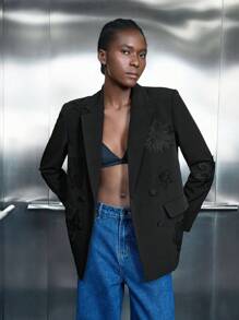 Maija 黑色 3D 刺绣垫肩长袖女式西装外套，时尚百搭，春夏节 - 黑色 - 查看 1