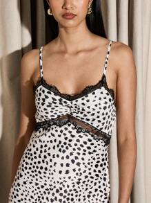 AiiRZ Elegant Maxi Slip Dress Animal Print Black White Lace Trim Evening Cocktail Party Special Occasion Spaghetti Strap Full Length Dress