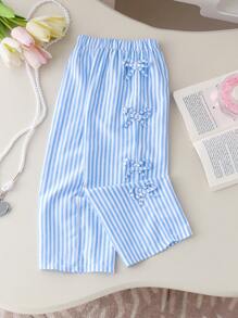 SHEIN Explorewe 1 pieza Pantalón recto casual a rayas azul y blanco de estilo deportivo con decoración de lazo para niña, pantalones de ropa de verano para niños