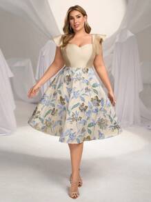 SHEIN Belle Plus Size Elegant Jacquard Taffeta Patchwork Ruffle Sleeve Sweetheart Neck Drawstring Short Party Dress, Wedding Guest Dress, Prom Dress