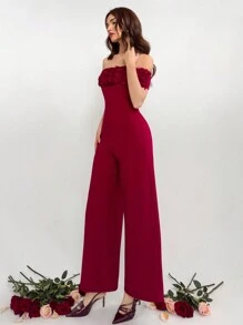 Aloruh 女士 3D 花卉装饰露肩简约连体裤，休闲日常穿着 - 酒紅色 - 查看 6