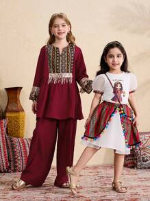 SHEIN Tween Girls Tassel Trim Print Patchwork Flare Sleeve Shirt And Wide Leg Pants 2pcs Set - Burgundy - View 3