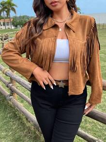 Sunspun Plus Size Faux Suede Fringe Short Jacket Fall Winter Cloth For Women Autumn