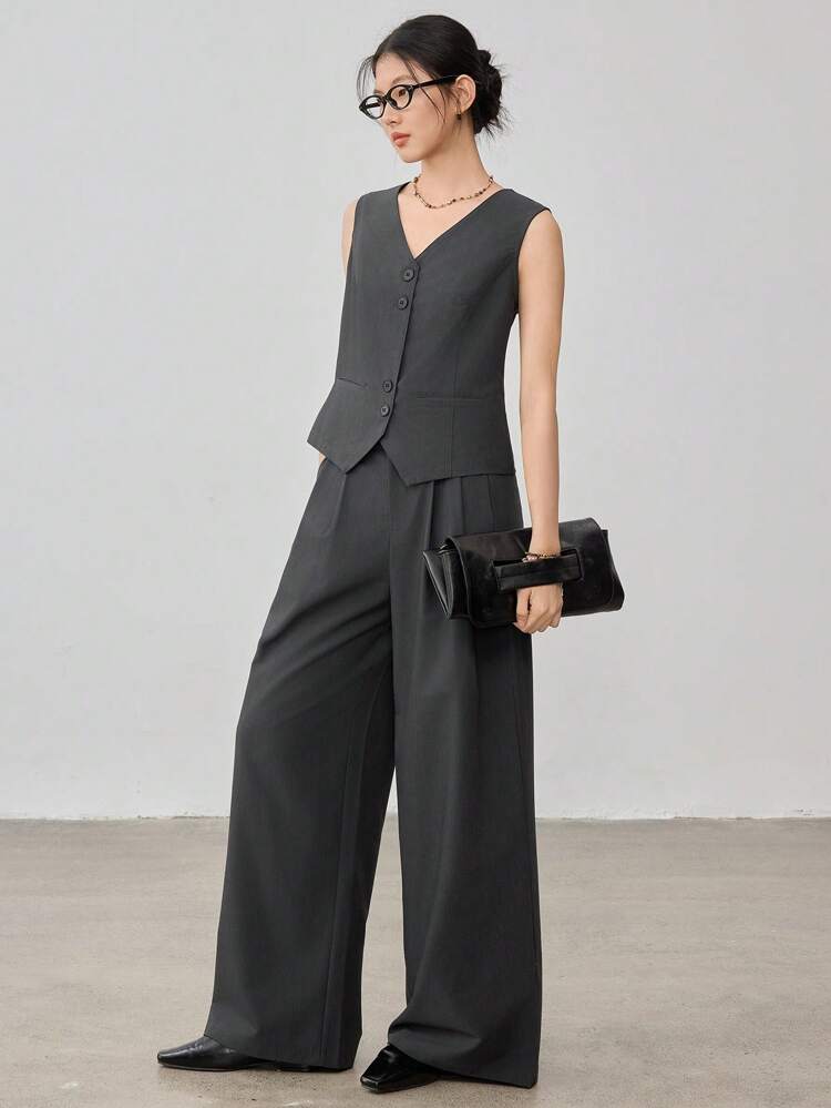 2pcs Women's Business Casual Solid Color Suit Set