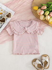 SHEIN Vintaside Kids 3pcs/Set Baby Girls' Summer Cute Peter Pan Collar Solid Color + Striped Multicolor Casual Comfortable Versatile Outdoor Shirts