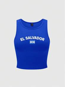 SHEIN Unity Áo ba lỗ ngắn in hình quốc kỳ El Salvador phong cách Y2K dành cho nữ, mùa hè - Màu xanh lam - Xem 3