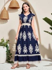 SHEIN Teen Girls Navy Blue Ruffle Sleeve A-Line Vacation Dress - Navy Blue - View 5