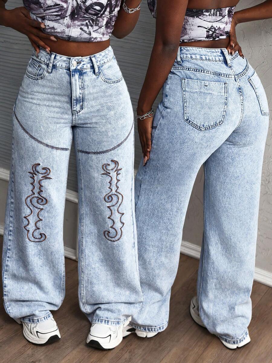 SHEIN Slayr Women's Pockets Design Wide Leg Loose Casual Jeans - Blue - View 1