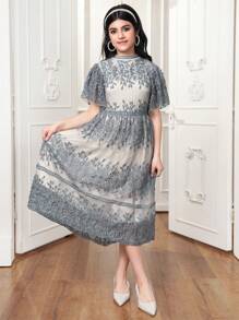 Teen Girls Floral Print Round Neck Ruffle Sleeve Elegant Vintage Dress