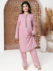 2pcs/Set Teen Girl Patchwork Rib-Trim Crew Neck Long Sleeve Top And Pants Set - Black - View 4