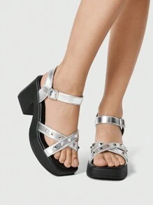 ROMWE Fairycore 女式夏季露趾凉鞋，交叉带，单扣粗跟朋克鞋，高跟鞋，适合派对礼服、正式服装、办公室 - 銀色 - 查看 2