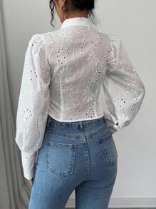 Elenzga Valentine's Day New Arrival Women's Jacquard Embroidery Floral Romantic Puff Sleeve Blouse, Elegant Versatile Slim Fit Hollow Pattern White Long Sleeve Shirt