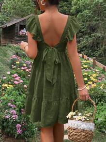 SHEIN Maternity Vacation Casual Solid Color Ruffle Hem Tie Strap Backless Green Dress - Army Green - View 5