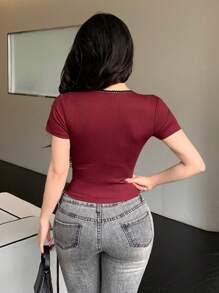 DAZY 女式蕾丝拼布蝴蝶结装饰短袖T恤夏季，女式短款上衣 - 紅色 - 查看 5