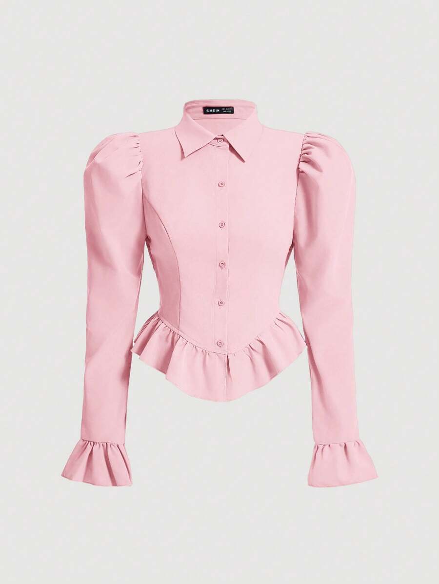 SHEIN MOD Flare Sleeve Ruffle Hem Puff Sleeve Pink Waisted Blouse,Valentine Outfits - Pink - View 1