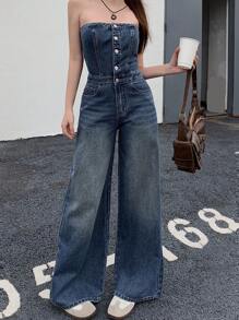 DAZY 女式纽扣前半襟口袋阔腿挂脖牛仔连身裤