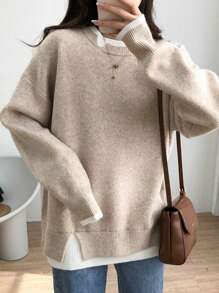 SHEIN EZwear Women's Solid Color Patchwork Long Sleeve Pullover Sweater, Simple & Casual 2 In 1 - Khaki - View 2