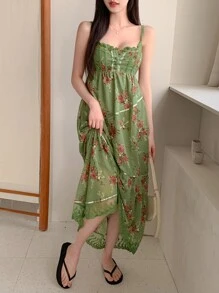 DAZY 女士碎花吊带中长裹身连衣裙，挤奶女工连衣裙，度假装扮 - 綠色 - 查看 3