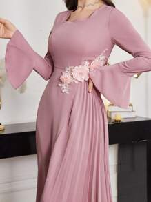 Modelyn Women Elegant Solid Color 3D Floral Decor Bell Sleeve Dress