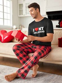 2pcs Men Slogan Graphic Top & Gingham Print Pants Pajama Set, Couples Lounge Wear - Multicolor - View 8