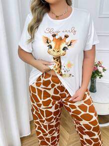 Plus Size Women Giraffe Cartoon Print Round Neck Short Sleeve Top & Pants Pajama Set - Multicolor - View 4
