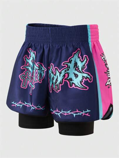 Street Life Men's Solid Color Elastic Waist Simple Casual Satin Shorts With 2 In 1 Design