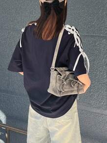 FRIFUL Women's Black Loose T-Shirt With Contrast Bow Tied Collar, Sweet Style, Summer