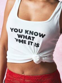 SUMWON WOMEN Sleeveless Tank Top With Statement Typography Print Summer Casual Street Style Crop Top