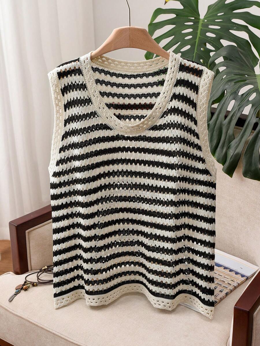 SHEIN Privé 大码女式条纹圆领休闲宽松针织毛衣背心