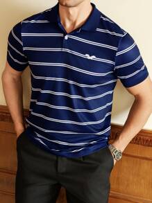 Manfinity Bizformal Camisa polo de manga corta a rayas azul marino para hombre, ideal para negocios, traslados y golf