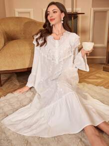 PalaceNights 女士宽松双层蕾丝V领刺绣长袖长睡袍宫廷风 - 白色 - 查看 4