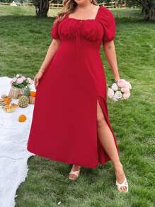 SHEIN CURVE+ Pure French High-End Ruffled Square Neck Puff Sleeve Solid Red Split Dress For Women, Romantic & Suitable For Dating, Spring/Summer - Red - View 5