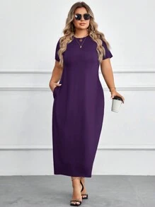 EMERY ROSE Plus Size Solid Color Round Neck Short Sleeve Pocket Casual Long Dress - Purple - View 3