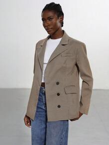 Aveloria Modichic 极简主义设计优雅办公/休闲垫肩，不对称下摆，前口袋，经典英式格子女士西装外套（棕色） - 彩色 - 查看 6