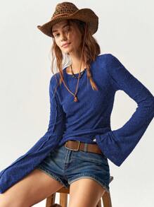 Bohemela BOHO Women's Casual Solid Color Knit Spliced Lace Flare Long Sleeve Slim Fit Regular T-Shirt