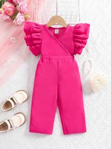 SHEIN Babygirl 紫红色荷叶边上衣和松紧腰长裤套装，夏季 - 粉色 - 查看 1