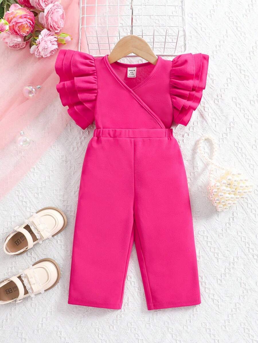 SHEIN Babygirl 紫红色荷叶边上衣和松紧腰长裤套装，夏季 - 粉色 - 查看 1