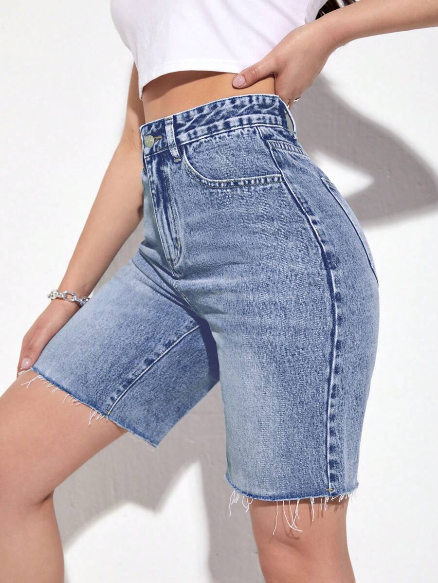 SHEIN ICON 女士口袋磨边休闲牛仔短裤 - 中等水洗藍 - 查看 1
