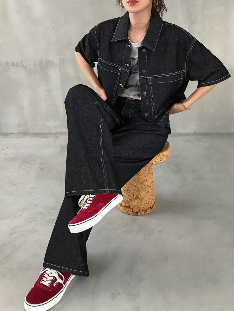 FRIFUL 女士两件套灰色牛仔套装：牛仔夹克 + 牛仔裤 - 黑色 - 查看 1