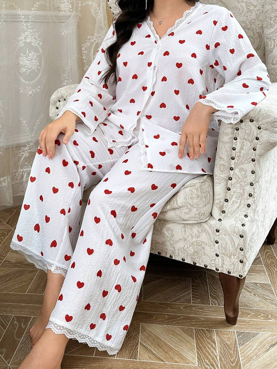 CottageSlumber Plus Summer Heart Print Lace Patchwork Long Sleeve Top & Long Pants Pajama Set, For Valentine's Day